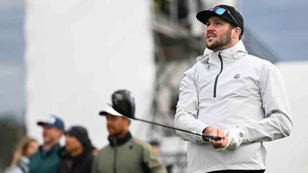 NFL quarterback Josh Allen hits his tee shot at the 18th hole during the 2024 AT&T Pebble Beach Pro-Am in Pebble Beach, Calif.